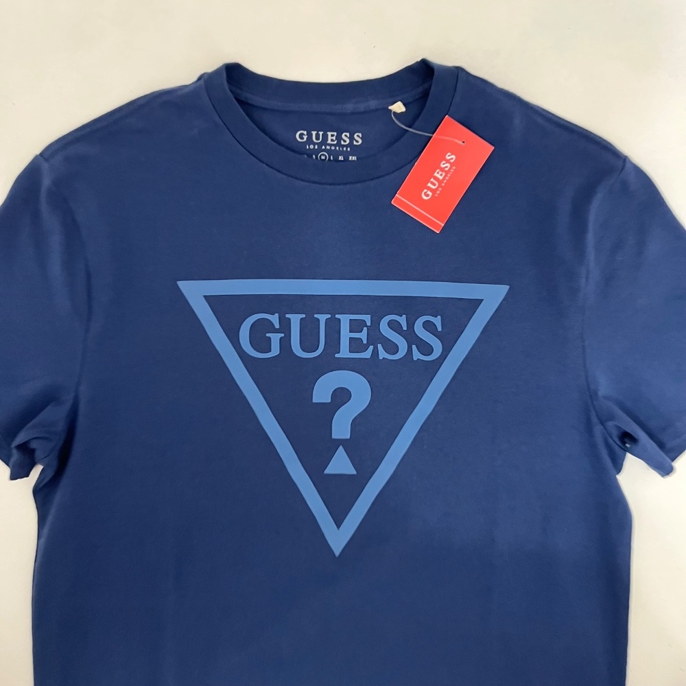 Guess Mens Size M T-Shirt SLK Blue Triangle Logo Crew Neck Short Sleeve NWT - Picture 2 of 9